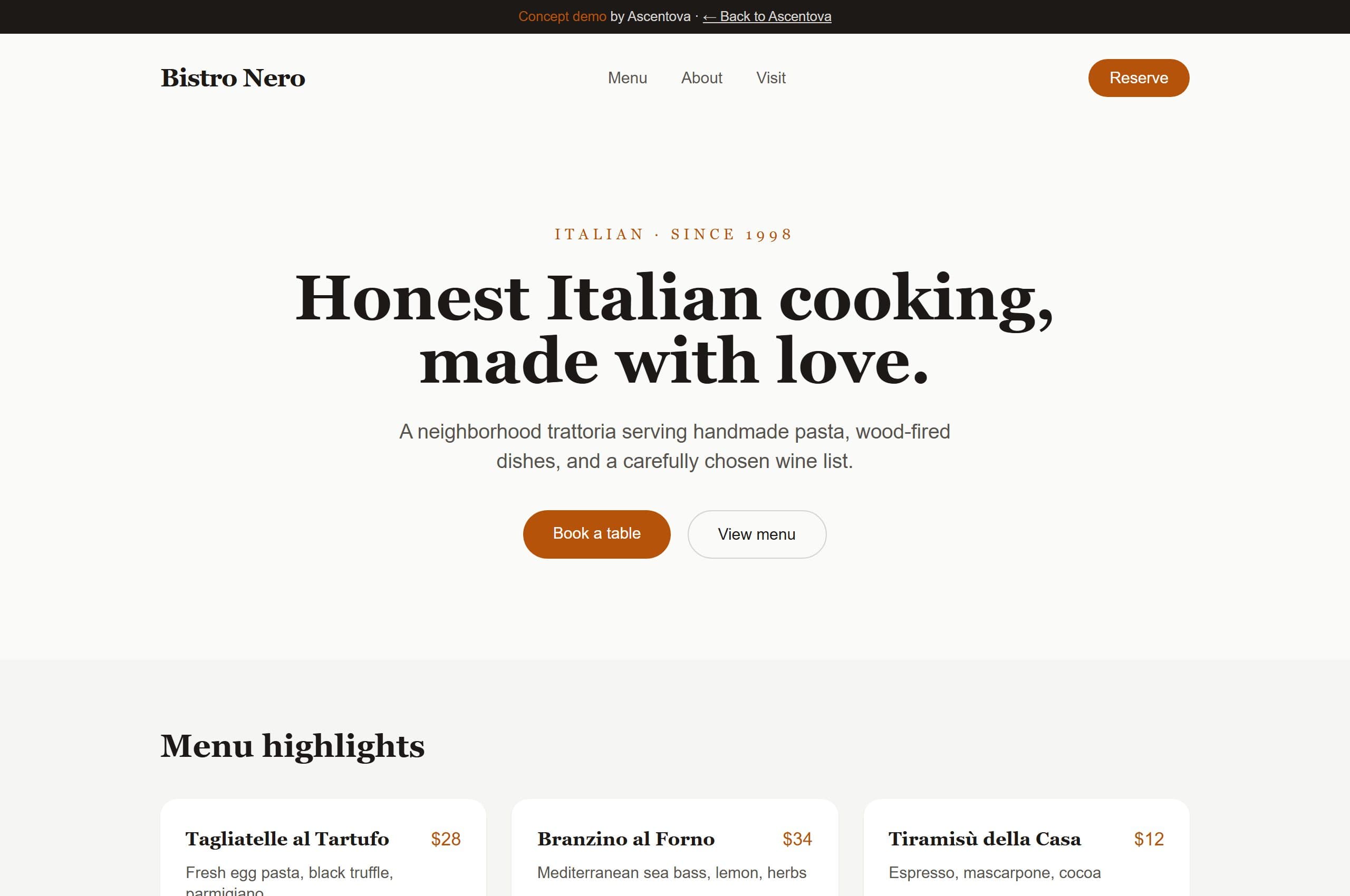 Bistro Nero demo website
